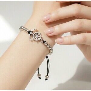 Nautical Anchor & Ship Wheel Bracelet Silver Beads Adjustable Rope Unisex 6-9"